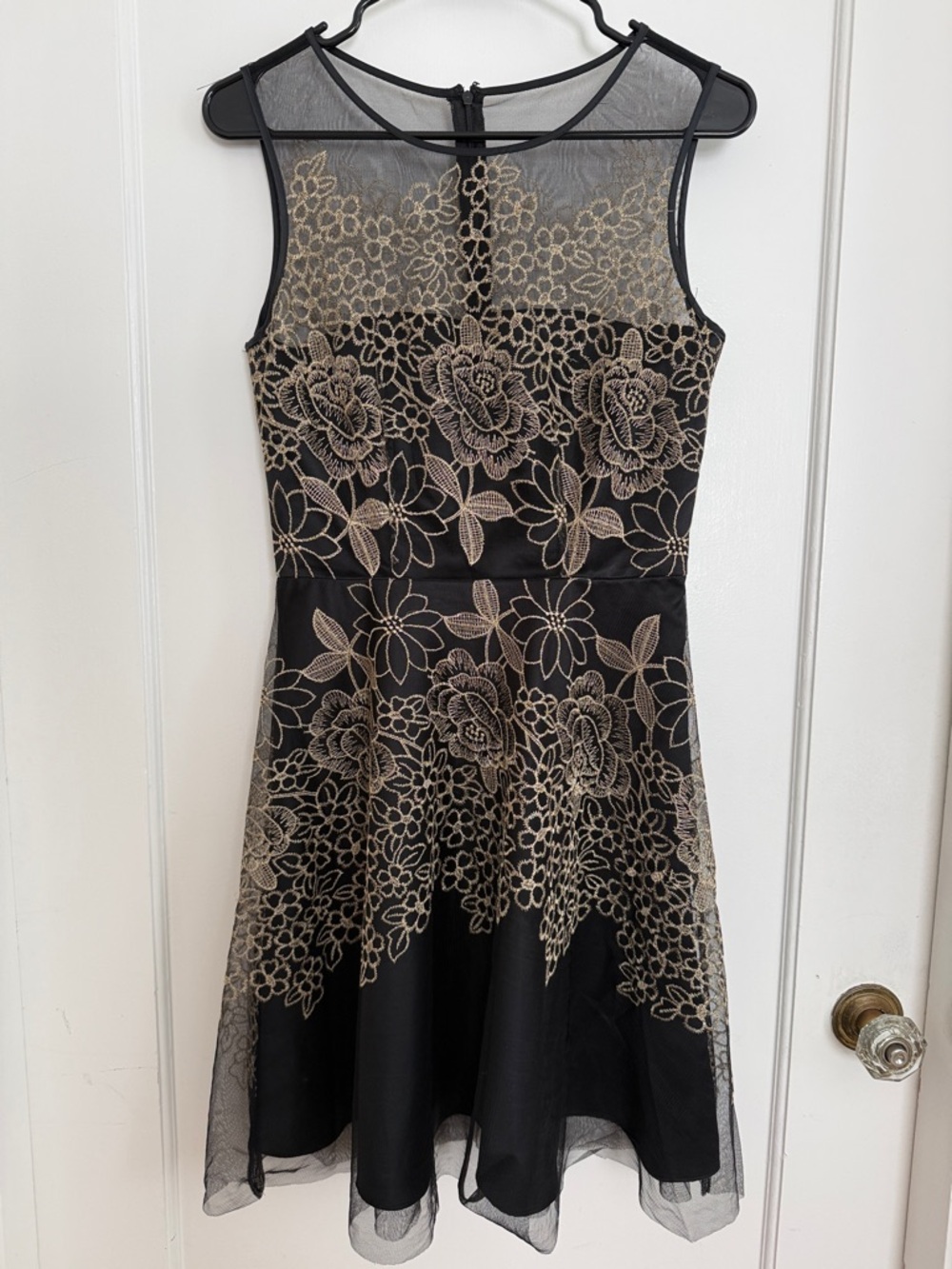 Tahari•Black Dress with Gold Floral Lace•Size 2P
